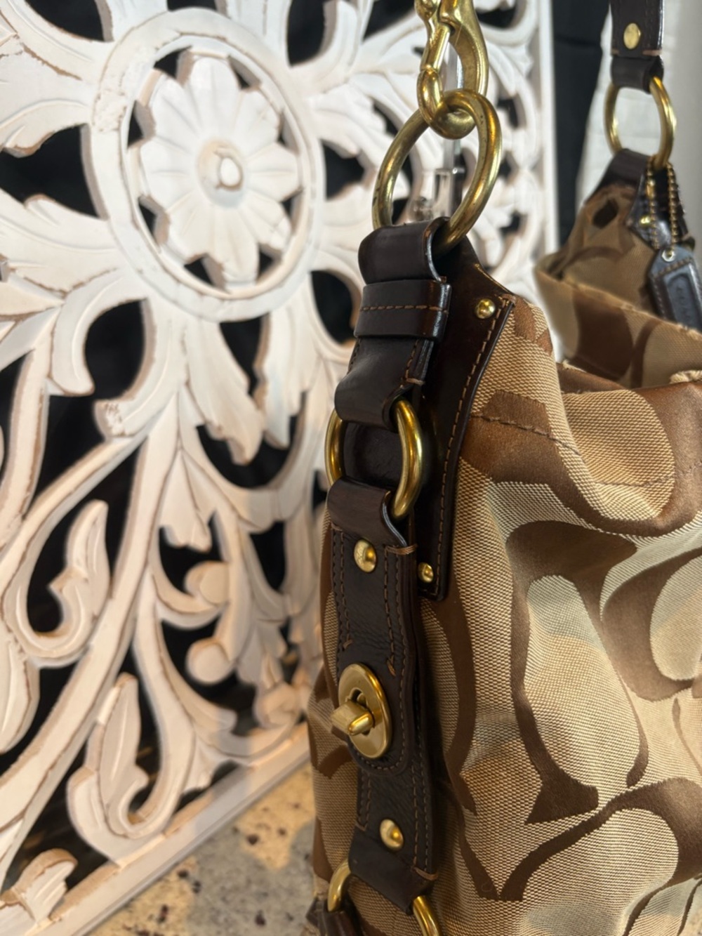 Coach Large Carly Signature Canvas Shoulder Bag in Brown and Tan #10620 - Picture 4 of 13